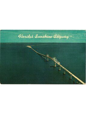 Floridas Sunshine Skyway Bridge Postcard 1950s Chrome Tampa Bay Landmark Unused